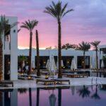 a large swimming pool surrounded by palm trees
