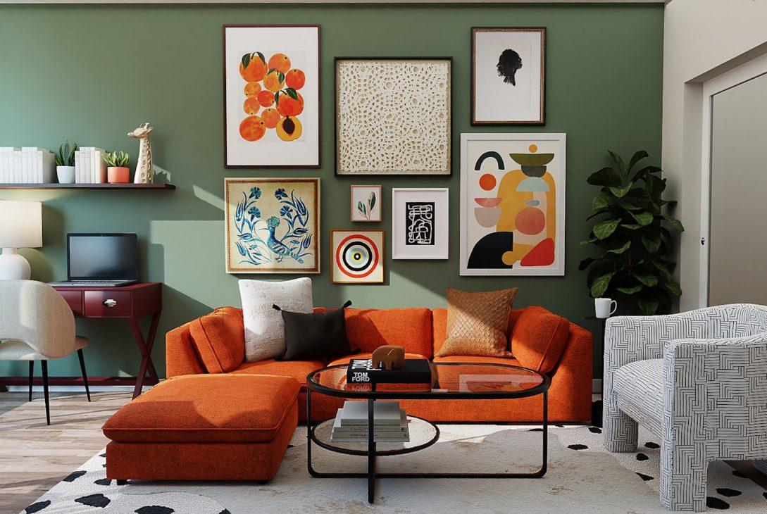 orange and black sofa with throw pillows