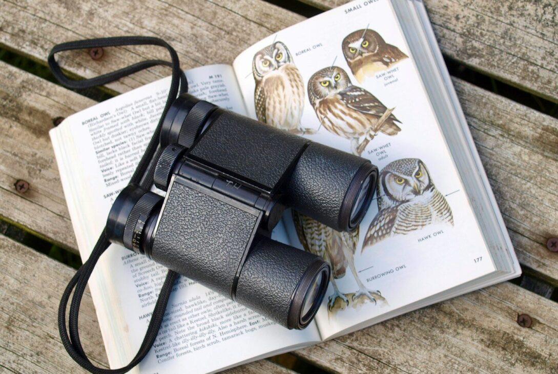 black binoculars on opened book
